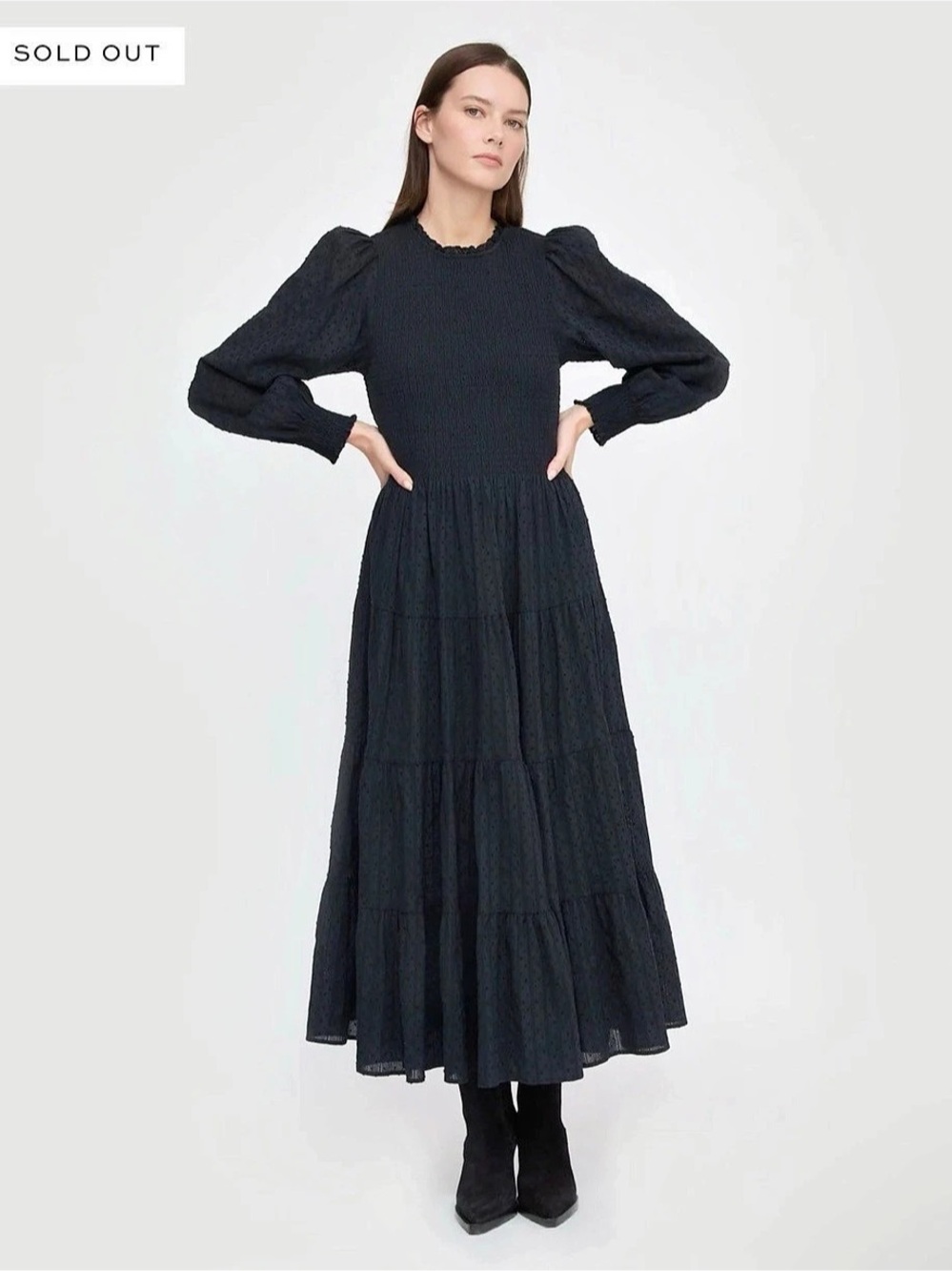 Hill House Home The Nap Dress Maxi Smocked Polka Dot Dress in Black Size Small